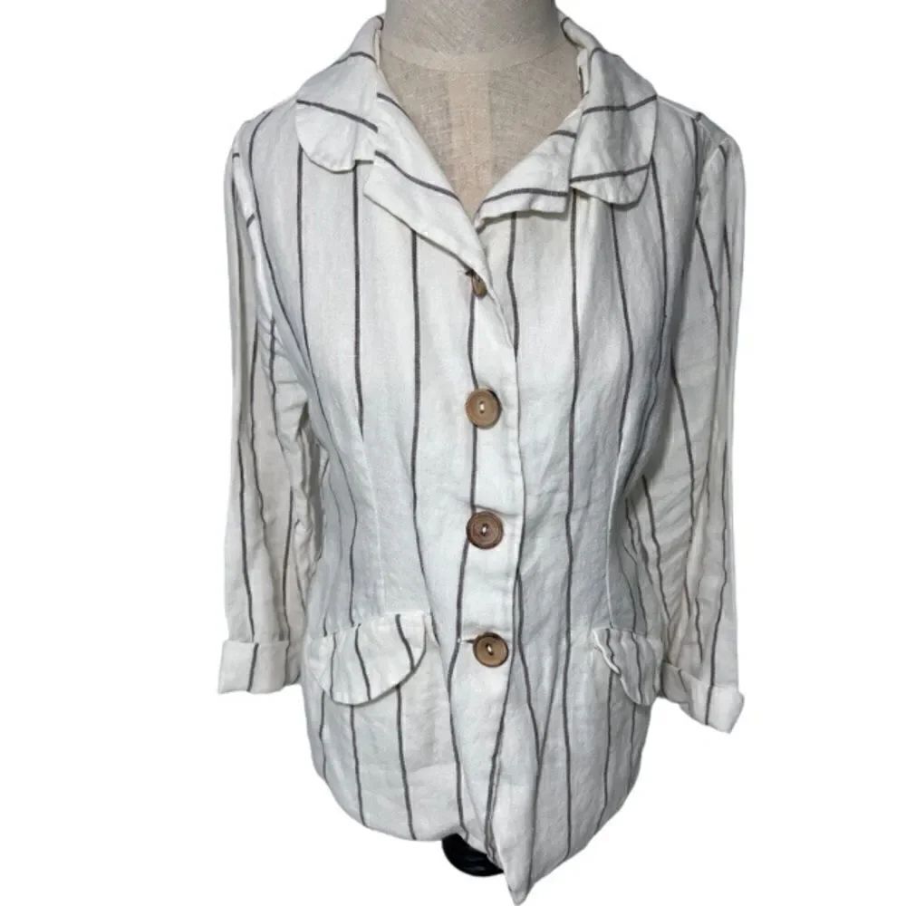 Modaspia White Linen Striped Blazer Jacket Small